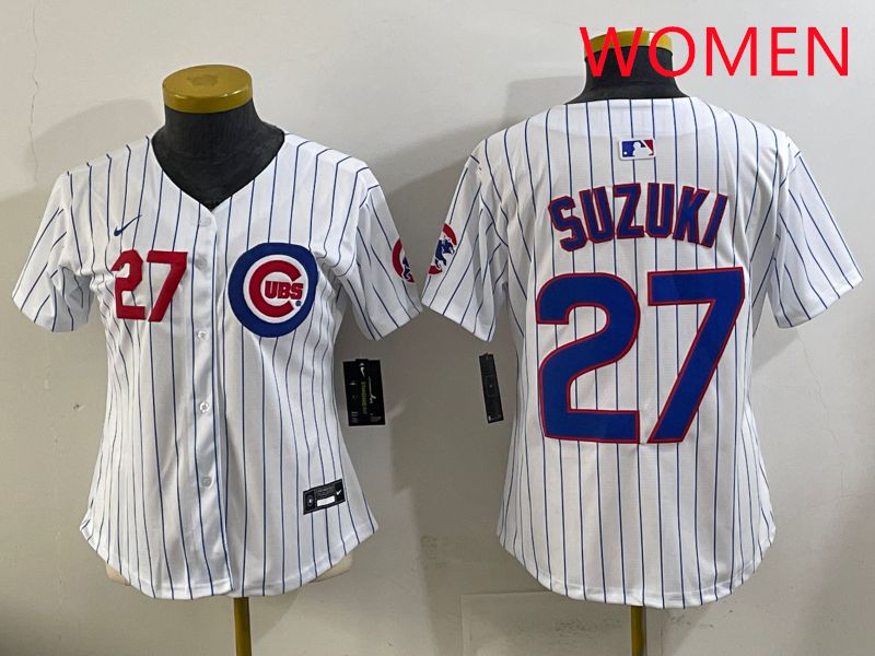 Women 2025 Chicago Cubs #27 Suzuki White Stripe Game Nike MLB Jersey style 2->women mlb jersey->Women Jersey